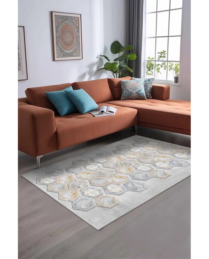 Casca Geometrik Desenli Kadife Pamuk Taban Kaymaz Yıkanabilen Antibakteriyel Yolluk