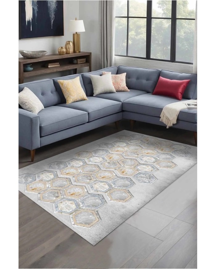 Casca Geometrik Desenli Kadife Pamuk Taban Kaymaz Yıkanabilen Antibakteriyel Yolluk