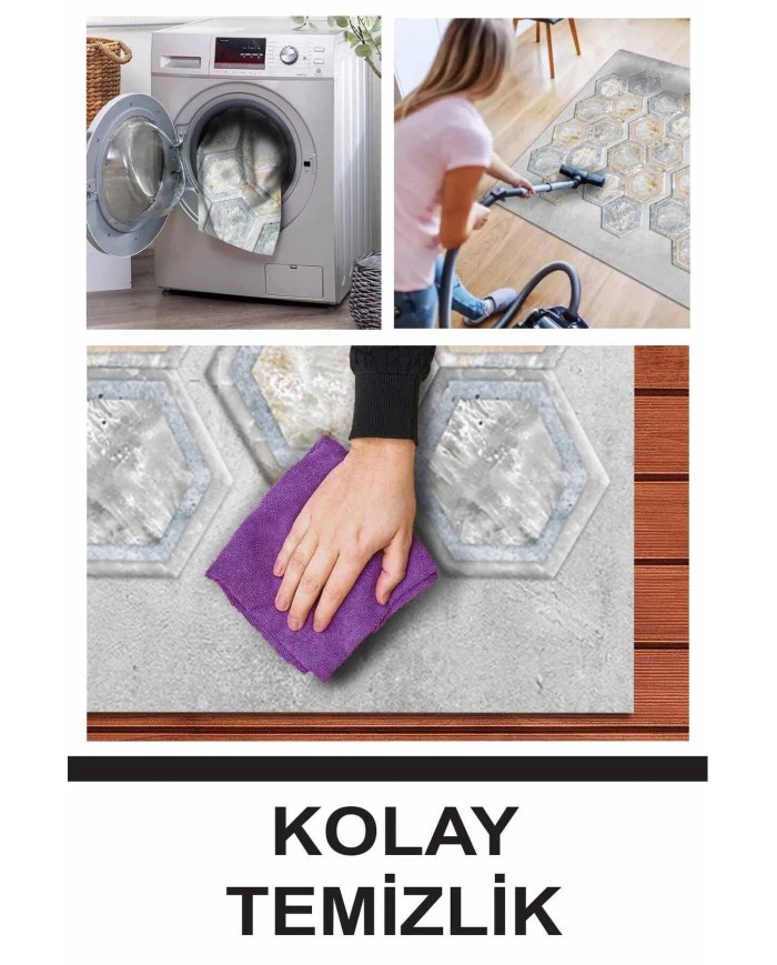 Casca Geometrik Desenli Kadife Pamuk Taban Kaymaz Yıkanabilen Antibakteriyel Yolluk