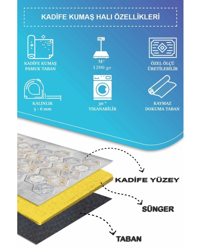 Casca Geometrik Desenli Kadife Pamuk Taban Kaymaz Yıkanabilen Antibakteriyel Yolluk