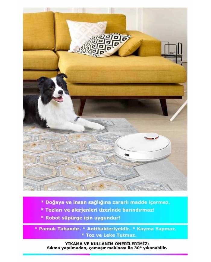 Casca Geometrik Desenli Kadife Pamuk Taban Kaymaz Yıkanabilen Antibakteriyel Yolluk