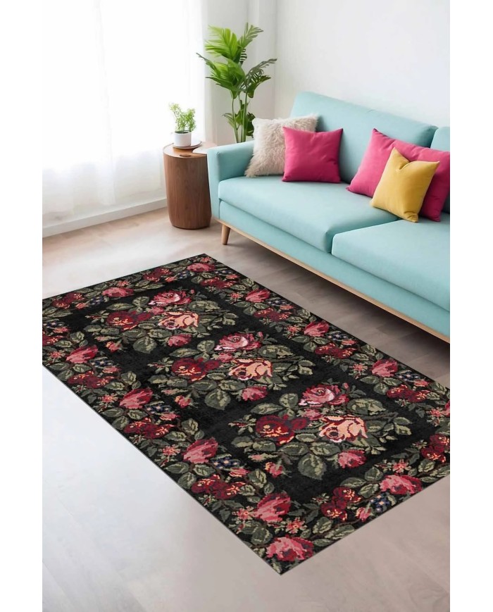 Camila Karabağ Kadife Çiçek Desenli Pamuk Taban Kaymaz Yıkanabilen Antibakteriyel Yolluk