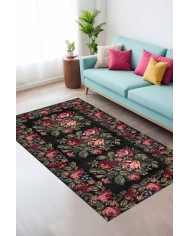 Camila Karabağ Kadife Çiçek Desenli Pamuk Taban Kaymaz Yıkanabilen Antibakteriyel Yolluk