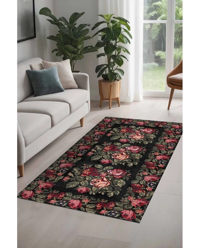 Camila Karabağ Kadife Çiçek Desenli Pamuk Taban Kaymaz Yıkanabilen Antibakteriyel Yolluk