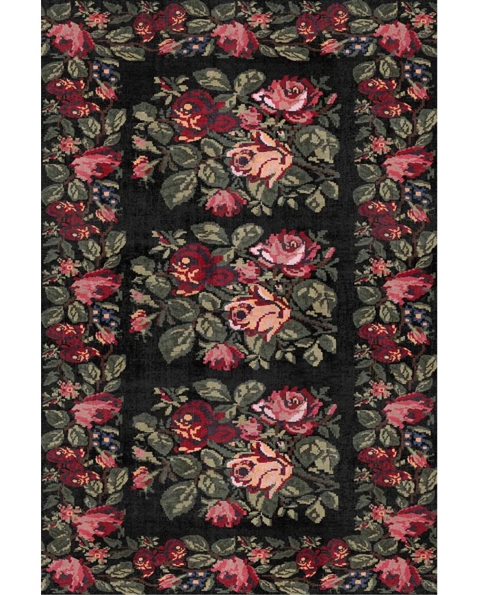 Camila Karabağ Kadife Çiçek Desenli Pamuk Taban Kaymaz Yıkanabilen Antibakteriyel Yolluk