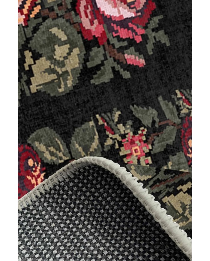 Camila Karabağ Kadife Çiçek Desenli Pamuk Taban Kaymaz Yıkanabilen Antibakteriyel Yolluk