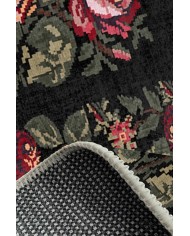Camila Karabağ Kadife Çiçek Desenli Pamuk Taban Kaymaz Yıkanabilen Antibakteriyel Yolluk