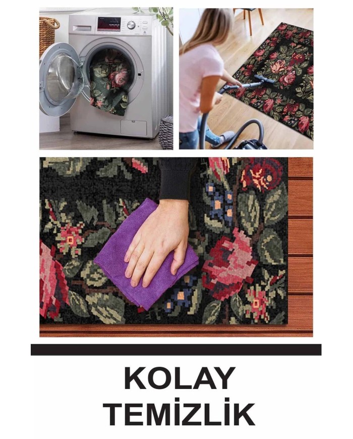 Camila Karabağ Kadife Çiçek Desenli Pamuk Taban Kaymaz Yıkanabilen Antibakteriyel Yolluk