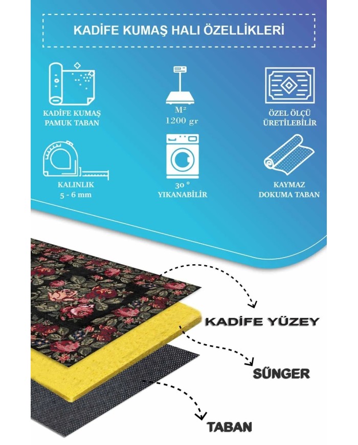 Camila Karabağ Kadife Çiçek Desenli Pamuk Taban Kaymaz Yıkanabilen Antibakteriyel Yolluk