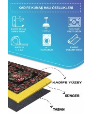 Camila Karabağ Kadife Çiçek Desenli Pamuk Taban Kaymaz Yıkanabilen Antibakteriyel Yolluk