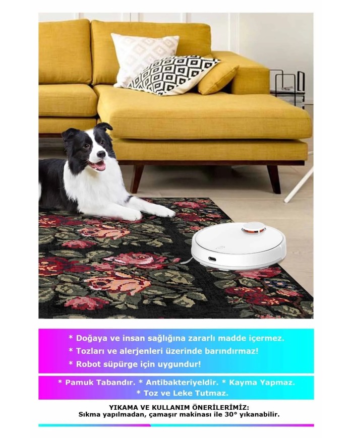 Camila Karabağ Kadife Çiçek Desenli Pamuk Taban Kaymaz Yıkanabilen Antibakteriyel Yolluk