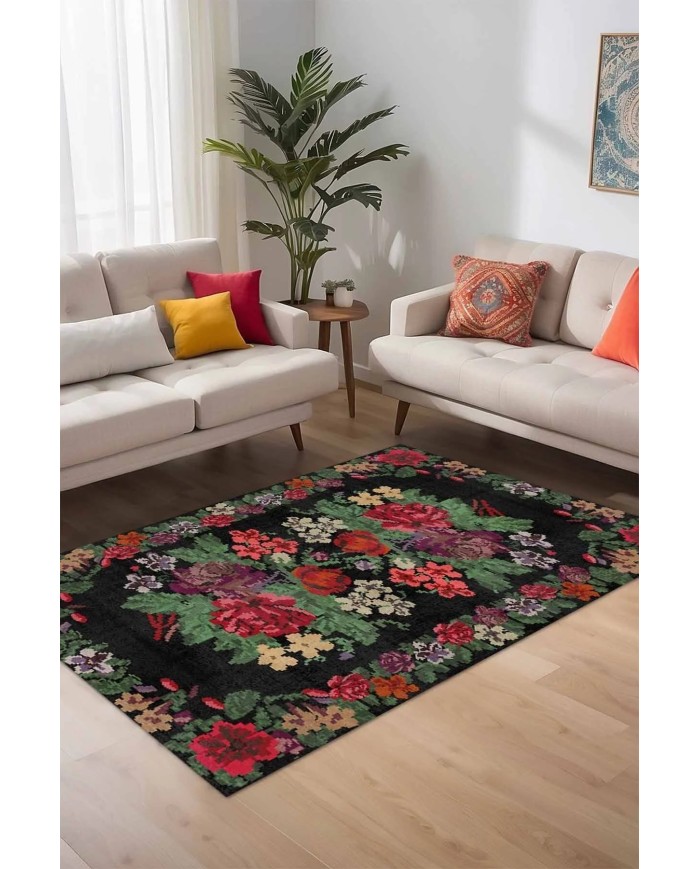 Monsa Karabağ Kadife Çiçek Desenli Pamuk Taban Kaymaz Yıkanabilen Antibakteriyel Yolluk