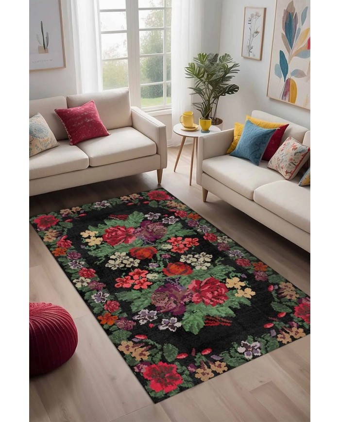 Monsa Karabağ Kadife Çiçek Desenli Pamuk Taban Kaymaz Yıkanabilen Antibakteriyel Yolluk