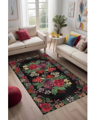 Monsa Karabağ Kadife Çiçek Desenli Pamuk Taban Kaymaz Yıkanabilen Antibakteriyel Yolluk