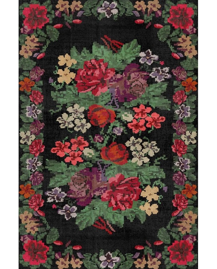 Monsa Karabağ Kadife Çiçek Desenli Pamuk Taban Kaymaz Yıkanabilen Antibakteriyel Yolluk