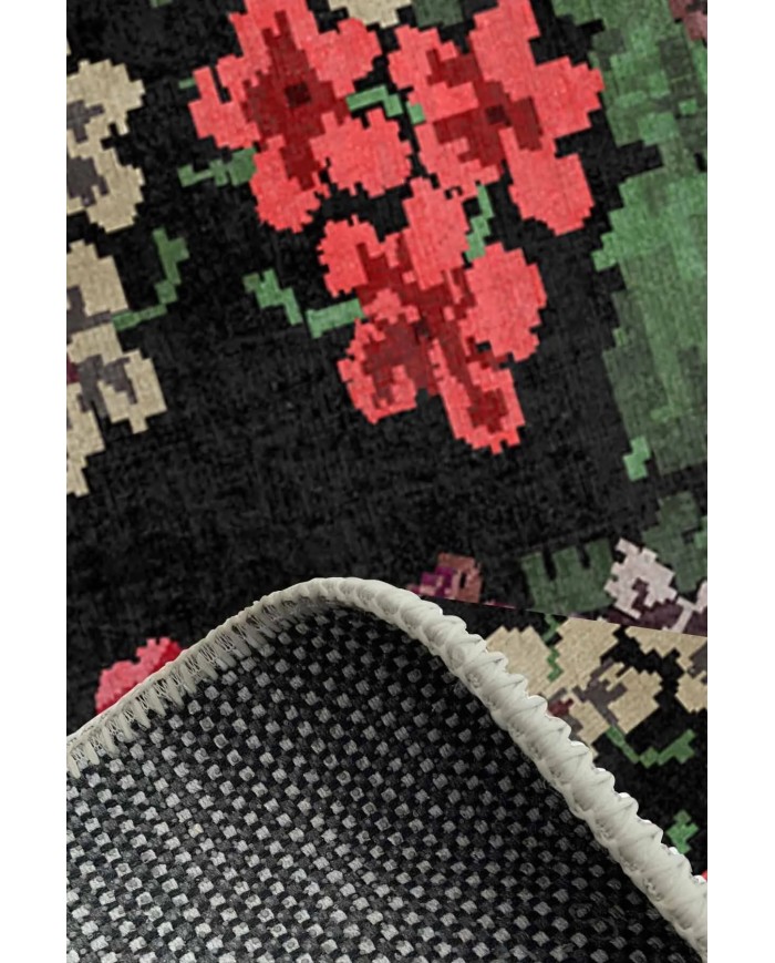 Monsa Karabağ Kadife Çiçek Desenli Pamuk Taban Kaymaz Yıkanabilen Antibakteriyel Yolluk