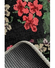 Monsa Karabağ Kadife Çiçek Desenli Pamuk Taban Kaymaz Yıkanabilen Antibakteriyel Yolluk