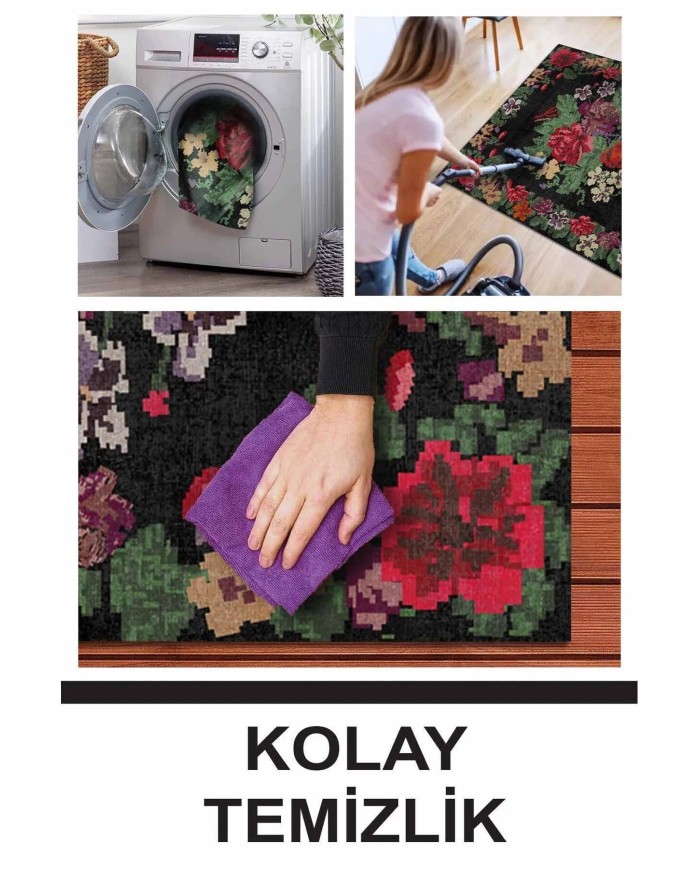 Monsa Karabağ Kadife Çiçek Desenli Pamuk Taban Kaymaz Yıkanabilen Antibakteriyel Yolluk