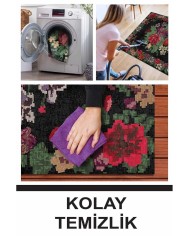 Monsa Karabağ Kadife Çiçek Desenli Pamuk Taban Kaymaz Yıkanabilen Antibakteriyel Yolluk