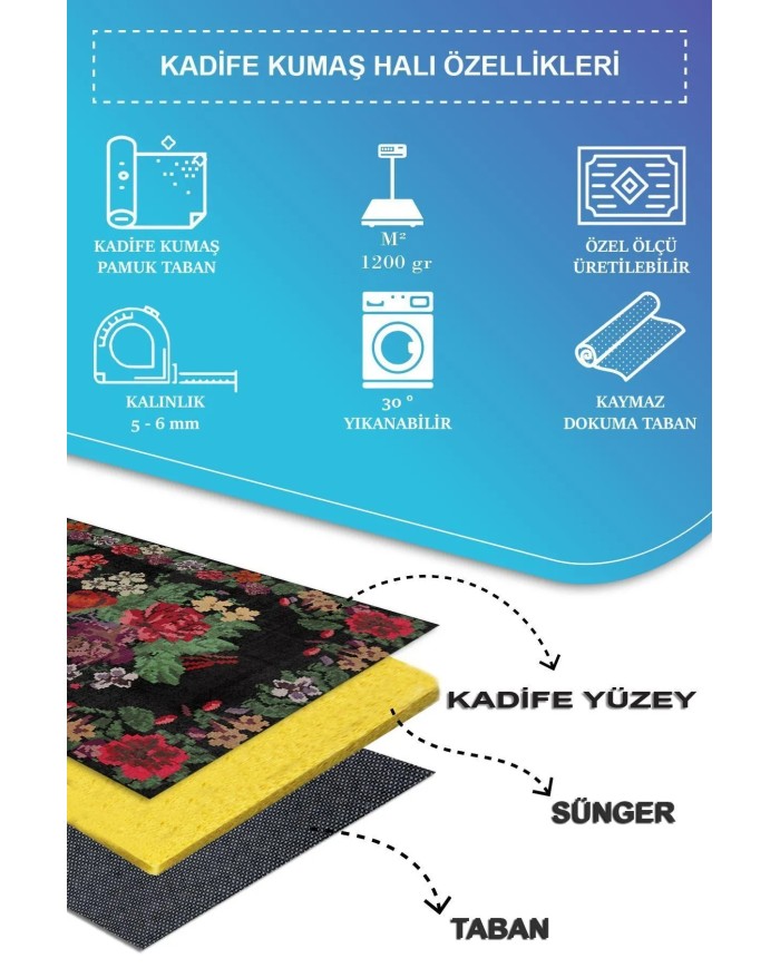 Monsa Karabağ Kadife Çiçek Desenli Pamuk Taban Kaymaz Yıkanabilen Antibakteriyel Yolluk