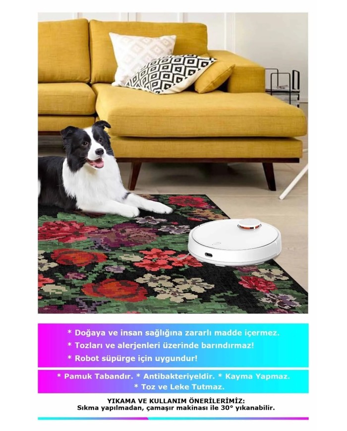 Monsa Karabağ Kadife Çiçek Desenli Pamuk Taban Kaymaz Yıkanabilen Antibakteriyel Yolluk