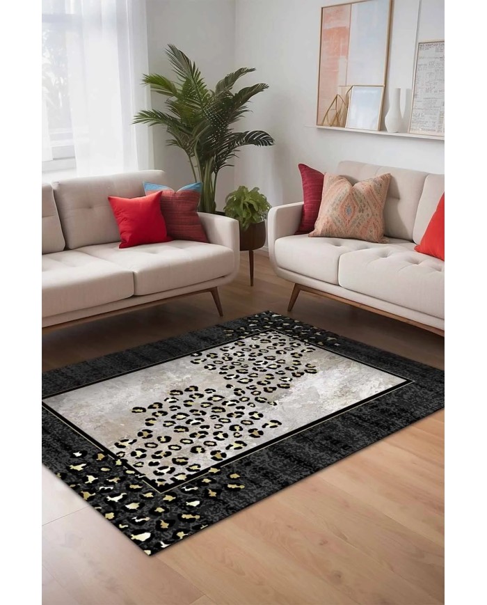 Mondego Modern Kadife Leopar Pamuk Taban Kaymaz Yıkanabilen Antibakteriyel Yolluk