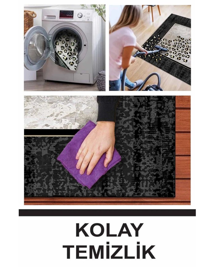 Mondego Modern Kadife Leopar Pamuk Taban Kaymaz Yıkanabilen Antibakteriyel Yolluk