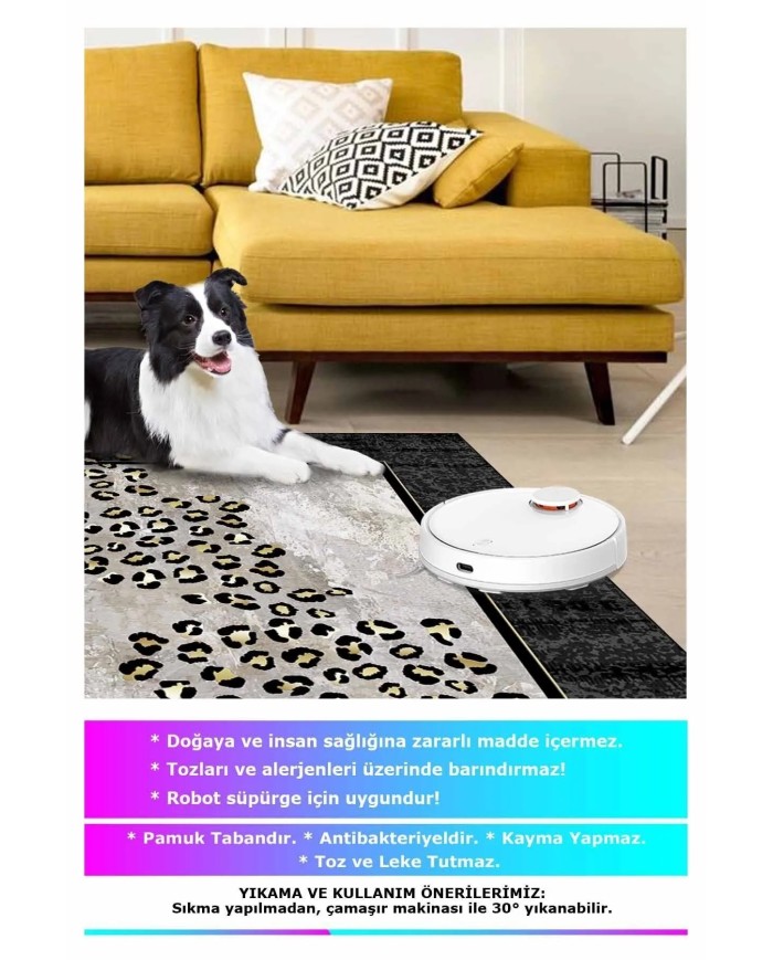 Mondego Modern Kadife Leopar Pamuk Taban Kaymaz Yıkanabilen Antibakteriyel Yolluk