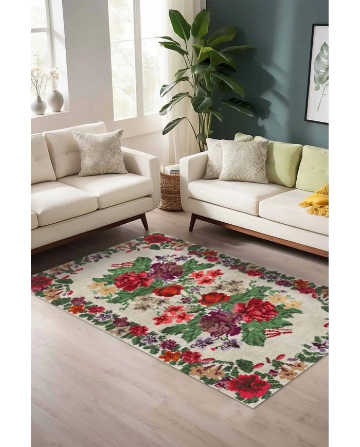 İdos Modern Kadife Karabağ Vintage Desenli Pamuk Taban Kaymaz Yıkanabilen Antibakteriyel Yolluk