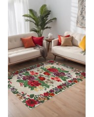 İdos Modern Kadife Karabağ Vintage Desenli Pamuk Taban Kaymaz Yıkanabilen Antibakteriyel Yolluk