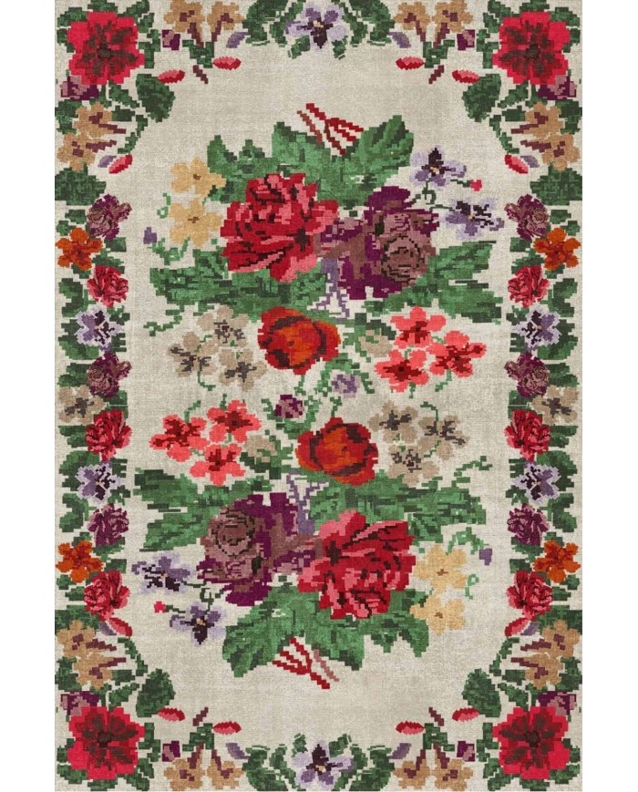 İdos Modern Kadife Karabağ Vintage Desenli Pamuk Taban Kaymaz Yıkanabilen Antibakteriyel Yolluk