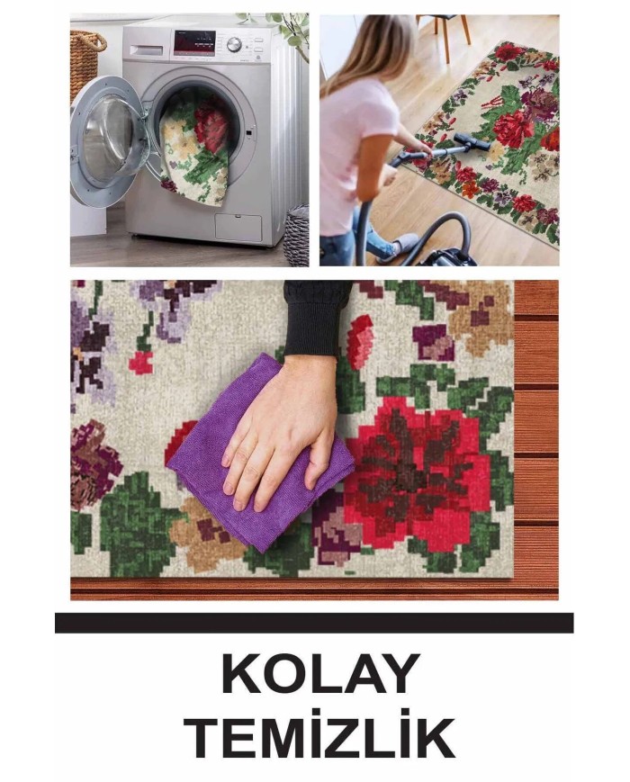 İdos Modern Kadife Karabağ Vintage Desenli Pamuk Taban Kaymaz Yıkanabilen Antibakteriyel Yolluk