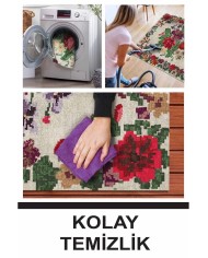 İdos Modern Kadife Karabağ Vintage Desenli Pamuk Taban Kaymaz Yıkanabilen Antibakteriyel Yolluk