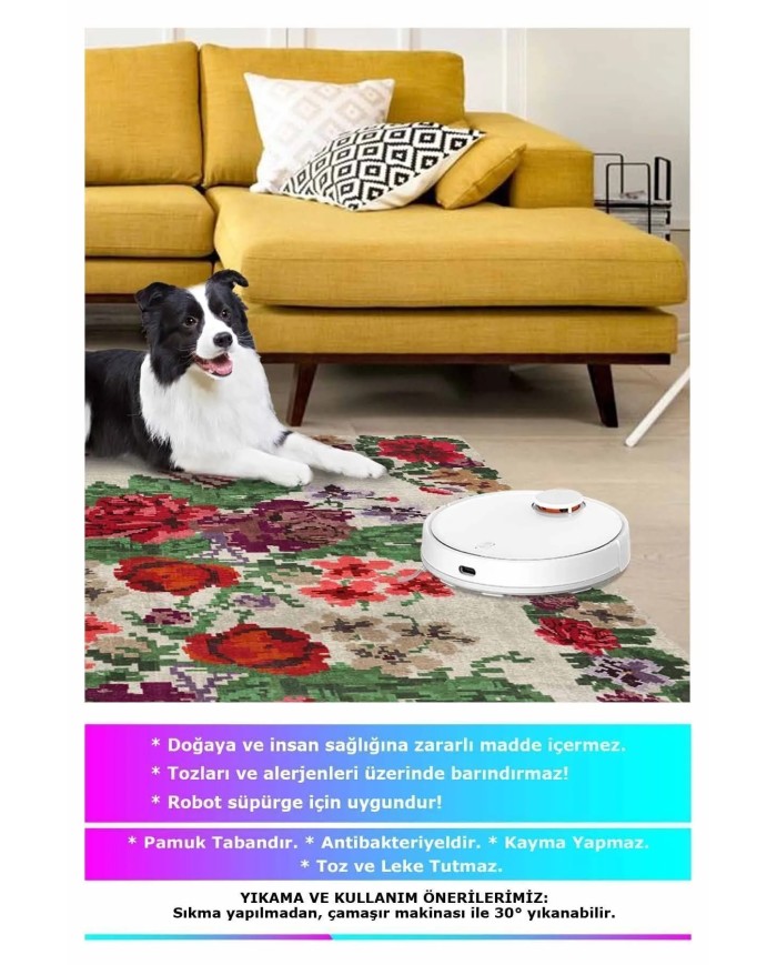 İdos Modern Kadife Karabağ Vintage Desenli Pamuk Taban Kaymaz Yıkanabilen Antibakteriyel Yolluk