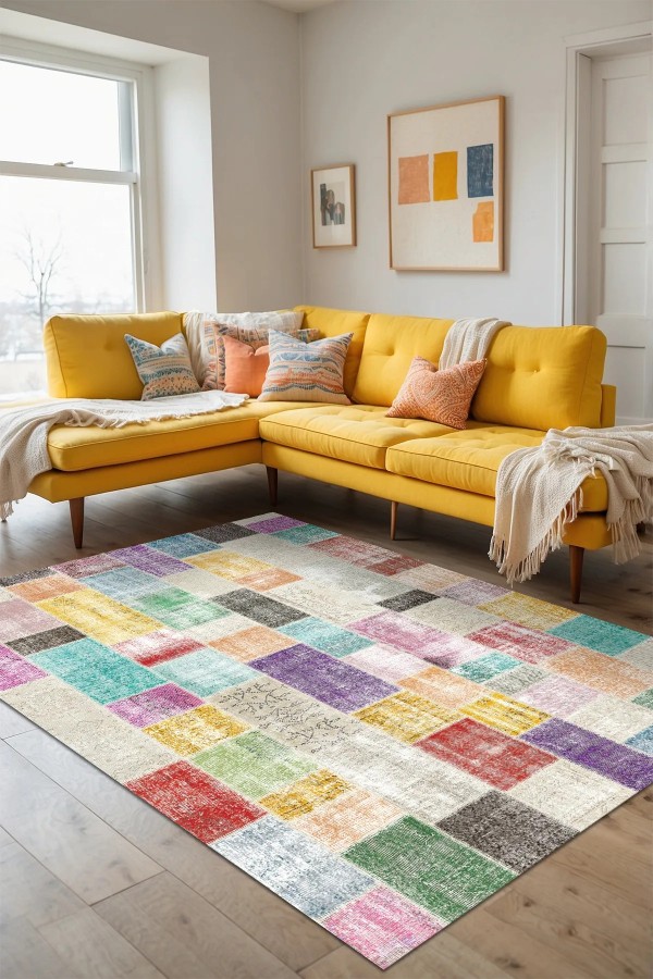 Lupin Modern Kadife Patchwork Desenli Pamuk Tabanlı Yıkanabilen Kaydırmaz Antibakteriyel Salon Halısı