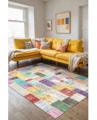 Lupin Modern Kadife Patchwork Desenli Pamuk Tabanlı Yıkanabilen Kaydırmaz Antibakteriyel Salon Halısı