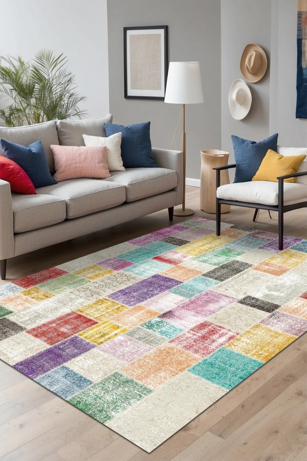Lupin Modern Kadife Patchwork Desenli Pamuk Tabanlı Yıkanabilen Kaydırmaz Antibakteriyel Salon Halısı