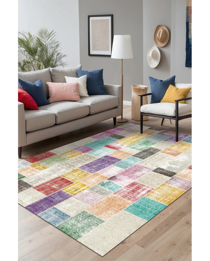 Lupin Modern Kadife Patchwork Desenli Pamuk Tabanlı Yıkanabilen Kaydırmaz Antibakteriyel Salon Halısı