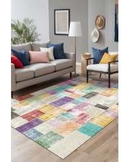 Lupin Modern Kadife Patchwork Desenli Pamuk Tabanlı Yıkanabilen Kaydırmaz Antibakteriyel Salon Halısı