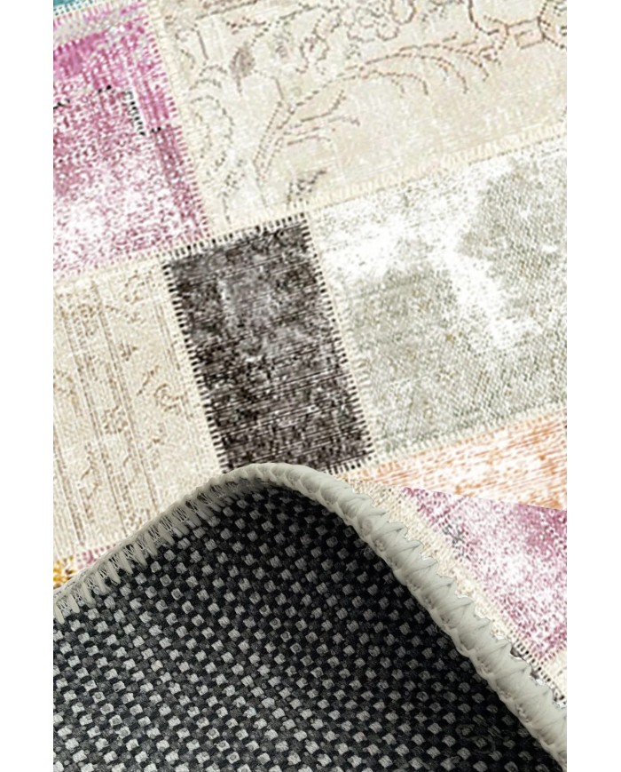 Lupin Modern Kadife Patchwork Desenli Pamuk Tabanlı Yıkanabilen Kaydırmaz Antibakteriyel Salon Halısı