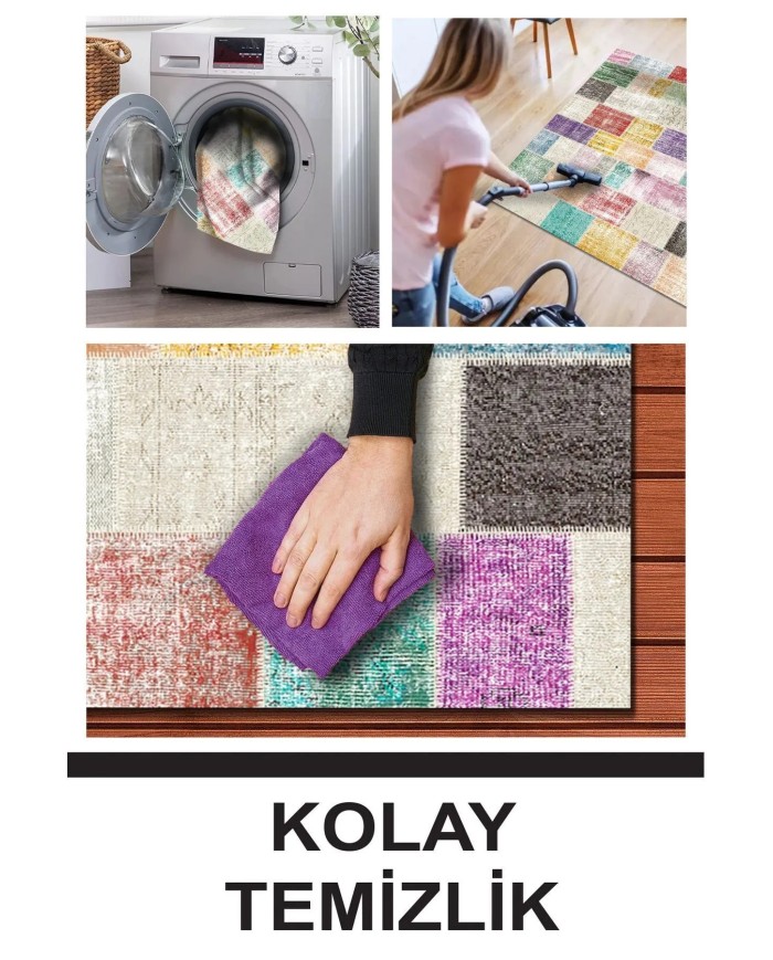 Lupin Modern Kadife Patchwork Desenli Pamuk Tabanlı Yıkanabilen Kaydırmaz Antibakteriyel Salon Halısı