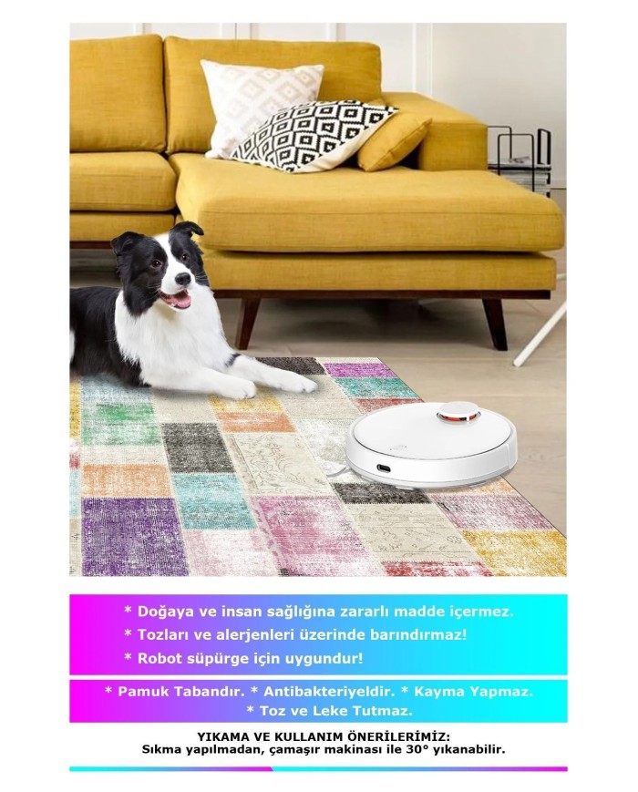 Lupin Modern Kadife Patchwork Desenli Pamuk Tabanlı Yıkanabilen Kaydırmaz Antibakteriyel Salon Halısı