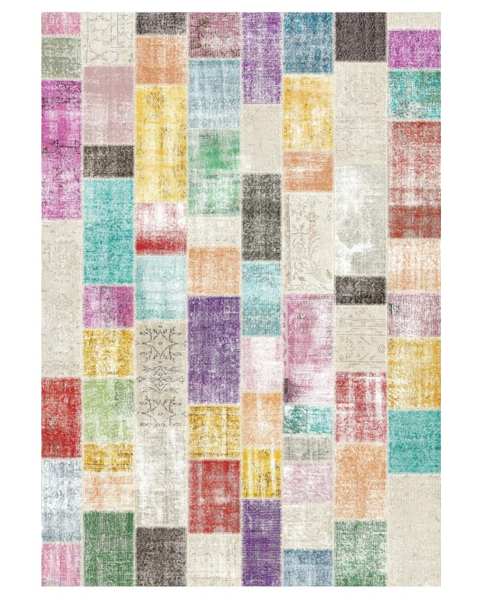 Lupin Modern Kadife Patchwork Desenli Pamuk Tabanlı Yıkanabilen Kaydırmaz Antibakteriyel Salon Halısı