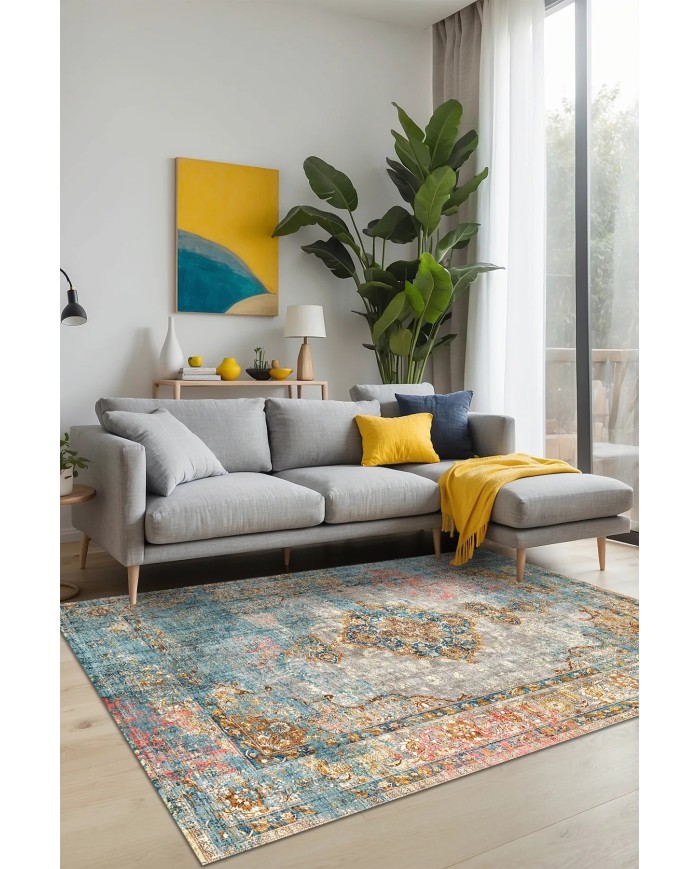 Tunish Modern Kadife Desenli Pamuk Tabanlı Yıkanabilen Kaydırmaz Antibakteriyel Salon Halısı