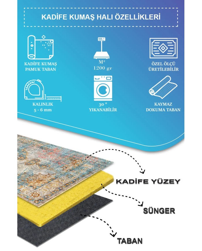 Tunish Modern Kadife Desenli Pamuk Tabanlı Yıkanabilen Kaydırmaz Antibakteriyel Salon Halısı