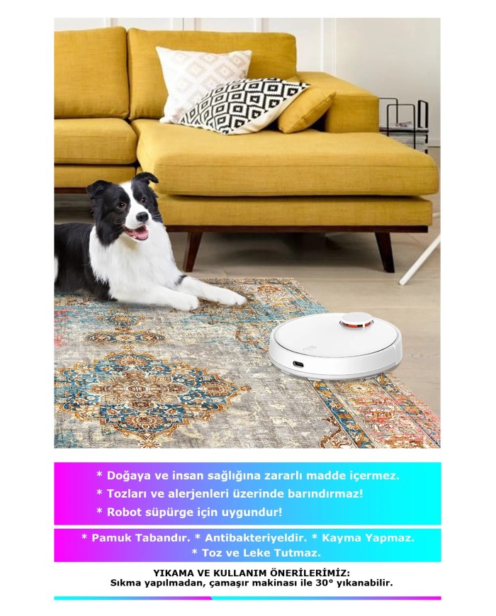 Tunish Modern Kadife Desenli Pamuk Tabanlı Yıkanabilen Kaydırmaz Antibakteriyel Salon Halısı