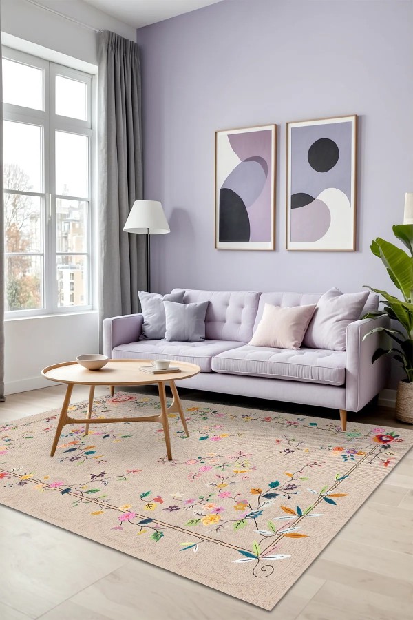 Florina Modern Kadife Desenli Pamuk Tabanlı Yıkanabilen Kaydırmaz Antibakteriyel Salon Halısı