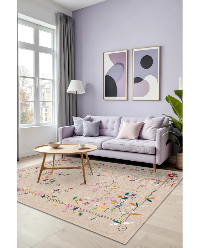 Florina Modern Kadife Desenli Pamuk Tabanlı Yıkanabilen Kaydırmaz Antibakteriyel Salon Halısı