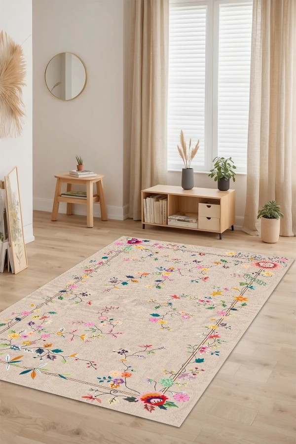 Florina Modern Kadife Desenli Pamuk Tabanlı Yıkanabilen Kaydırmaz Antibakteriyel Salon Halısı
