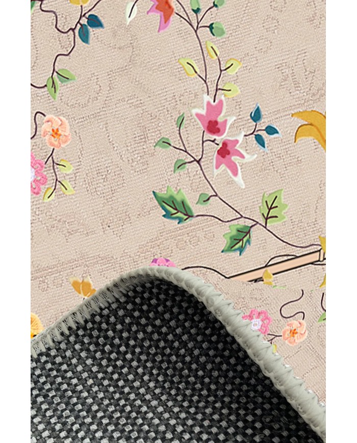 Florina Modern Kadife Desenli Pamuk Tabanlı Yıkanabilen Kaydırmaz Antibakteriyel Salon Halısı